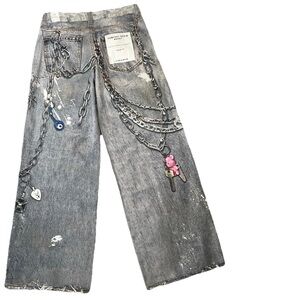 Washed Grey Wide-Leg Flare Jeans with Chain & Charm Details
